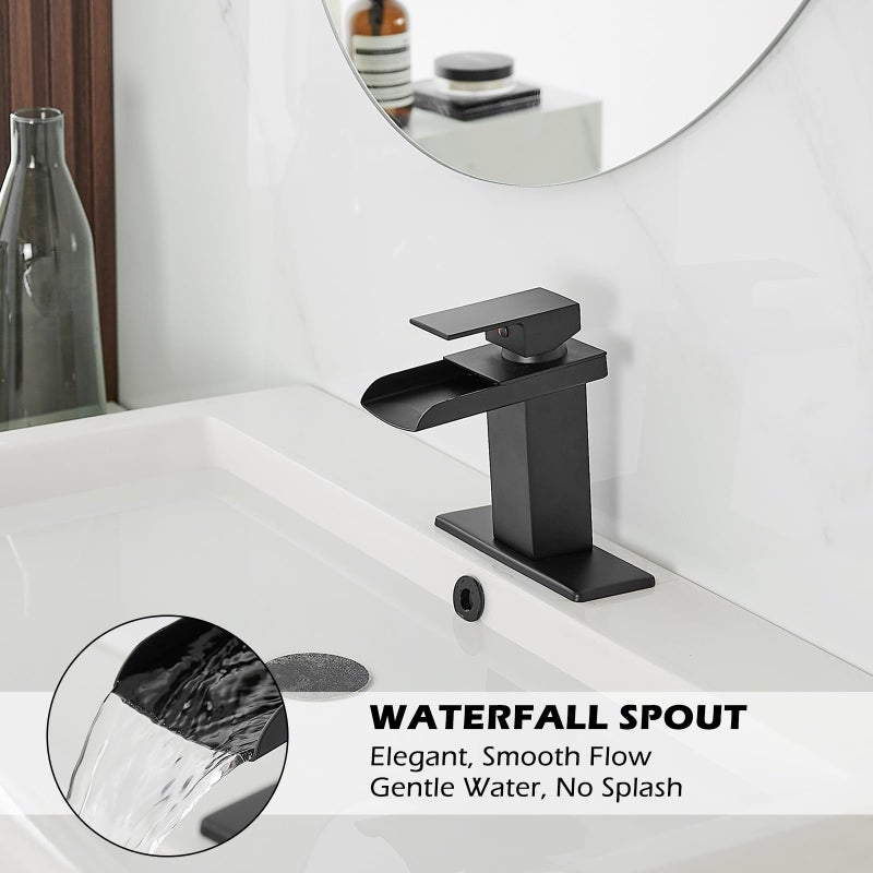 BWE Black Bathroom Faucet Waterfall Single Handle Bathroom Faucet One Hole Bathroom Sink Faucet with Supply Line Lavatory Vanity Mixer Tap Deck Mounted Matte Black - Image 2